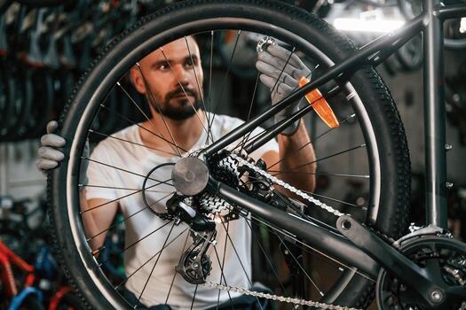 Mechanic servicing a bicycle drivetrain